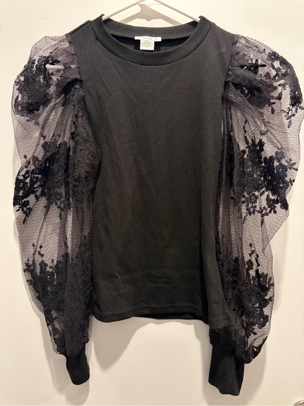 Esley Black Puff Lace Mesh Sleeve Sweatshirt